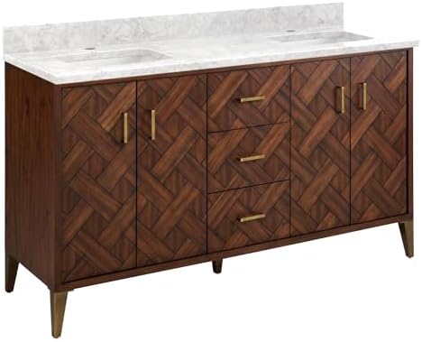 Signature Hardware 954035-60-RUMB-1 Patzi 60" Free Standing Double Basin Vanity Set with Cabinet and Vanity Top - 1 Faucet Center - Chocolate Bark Brown/Carrara Marble