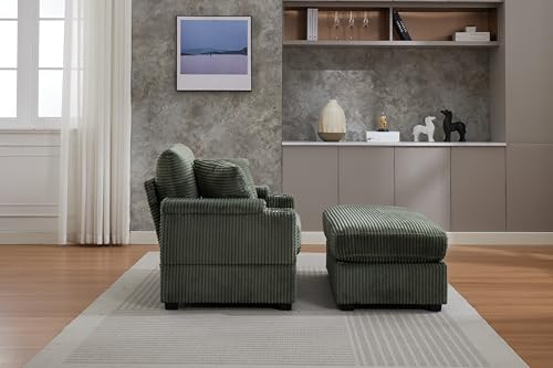 Image of 50 inch Corduroy Upholstered Chaise Lounge Chair Indoor, Modern Lazy Sofa with Storage Armrest, Sleeper Couch with Cup Holders for Living Room, Dark Green