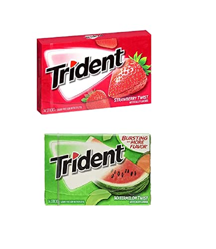 Image of Trident Sugar Free Chewing Gum Strawberry Flavor 14 Sticks, 26 G And Watermelon Flavor 14 Sticks, 26 G (Pack of 2)