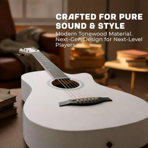 Image of Revel 38 Inch Acoustic Guitar Cutaway Wooden Guitar with High-Gloss Finish, Steel Strings, Smooth Tuning Pegs, Includes Carry Bag, Picks & Sting winder Guitar for Adults. (WHITE)