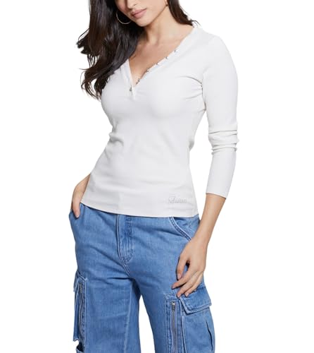 Guess Kyla Rib Henley manches longues top extensible qui sculpte la silhouette feminine