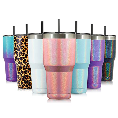 Zibtes 30Oz Insulated Tumbler With Lid And Straws, Stainless Steel Double Vacuum Coffee Tumbler Cup, Powder Coated Travel Mug For Home, Office, Travel, Party (Glitter Pink 1 Pack) #TOP5