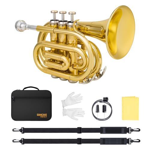SONICAKE Trompeta de Bolsillo Sib Latón Dorado, Kit Completo de Trompeta para Principiantes con Boquilla 7C, Estuche Rígido, Guantes QPT-01