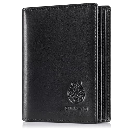 LUKZIJAES Genuine Leather Bifold Wallet for Men Rfid Blocking Large Capacity Vertical Wallets Mens with ID Window 15 Card Solts 2 Cash Pockets (Black)