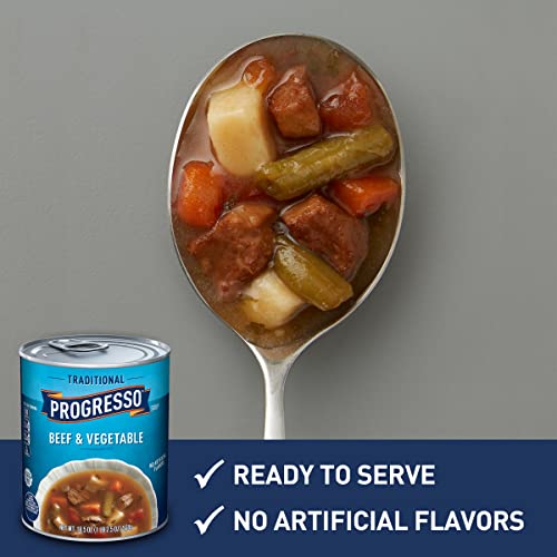 Image of Progresso Traditional Beef & Vegetable Canned Soup, Gluten Free, 18.5 oz | Seasoned beef chunks, carrots, potatoes, tomatoes & green beans, No artificial flavors, Ready to serve