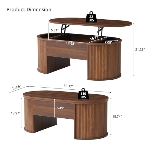 Image of QHITTY Fluted Coffee Table with Lifting Top, Oval Wood Lift Top Coffee Table with Hidden Compartment, Mid Century Pull up Center Tables for Living Room, Office - Walnut