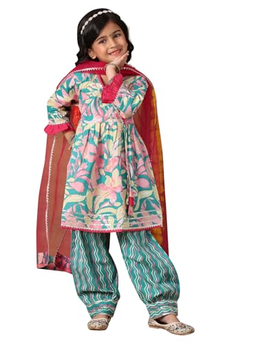 Image of superminis Girls Cotton Floral Printed Kurti Palazzo Style Salwar Set With Net Dupatta Kids Ethnic Wear Set