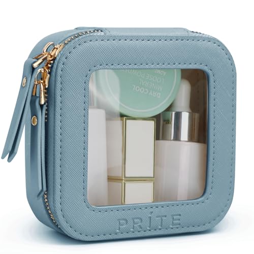 Prite Small Makeup Bag for Women Portable Clear Makeup Bag Cute Mini Waterproof Travel Cosmetic Bag with Gold Zipper for Car Essentials(Blue) Blue Mini