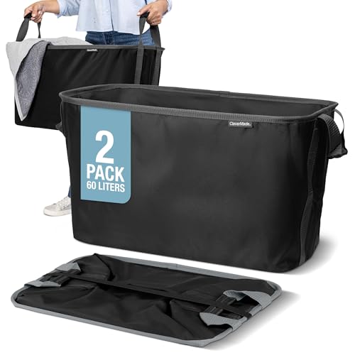 Image of CleverMade Collapsible Laundry Basket 2 Pack - 60L (16 Gal) Foldable Clothes Hamper with Reinforced Handles, Space Saving Fabric Laundry Bin, Holds 55 lbs, Flat Folding for Home & Travel - Black