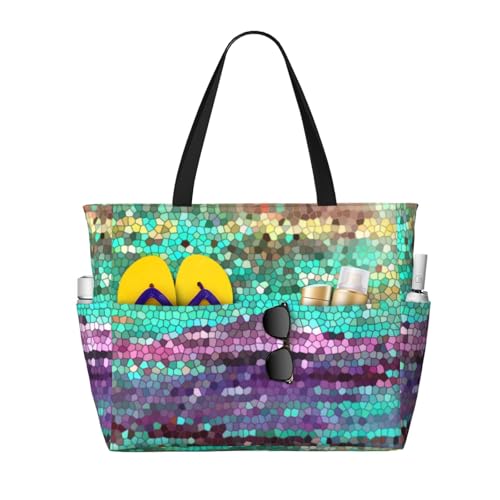 Decorative Mosaic Purple And Teal Large Capacity Beach Travel Bag – Lightweight Foldable Waterproof & Sandproof Tote With Multiple Pockets,Beach Vacation Essentials