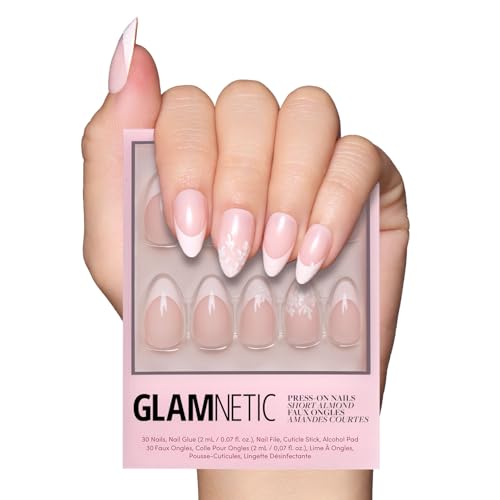 Glamnetic Press On Nails - All Time Love | Glossy, Semi-Transparent, Short Almond French Tip Nails with Leaf Accents, Salon Quality | 15 Sizes - 30 Nail Kit with Glue