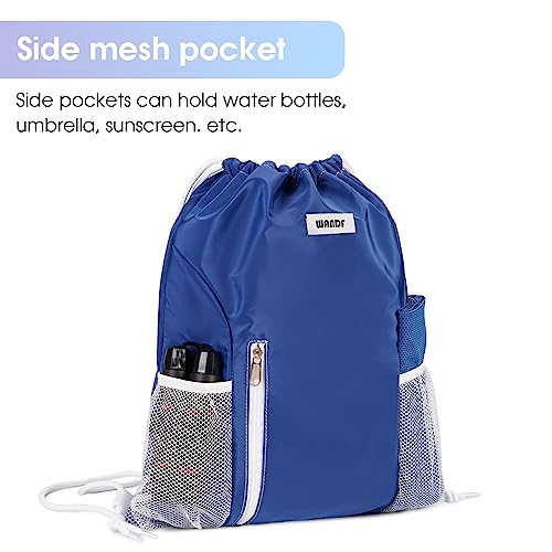 Image of WANDF Drawstring Backpack Sports Gym Sackpack with Mesh Pockets Water Resistant String Bag for Women Men (Navy Blue)