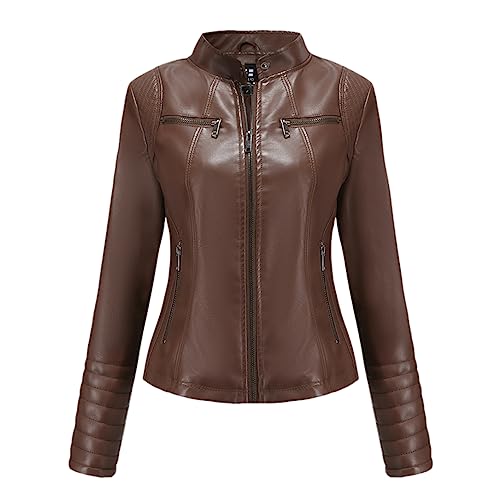 Veste de moto courte en cuir marron café Coupe ajustée vintage et finitions surpiquées