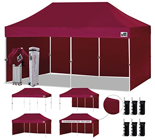 Image of Eurmax USA 10x20 Pop Up Canopy Tent,Commercial Tent with Patented No-Tip Rolling Bag,4 Zippered Removable Walls,UV & Water Resistant Canopy Top,Heavy Duty Outdoor Gazebo,Instant Shelter(Burgundy)