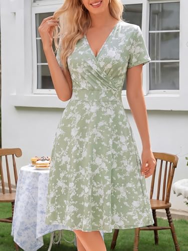 Image of MSBASIC Womens Summer Wrap V Neck Casual Dresses Floral Short Sleeve A-Line Midi Sundress