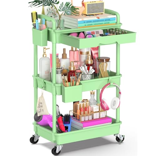 Yeabett 3 Tier Craft Trolley, Storage Trolley On Wheels Utility Cart With Drawer for Kitchen Bathroom, Office, Living Room, Green