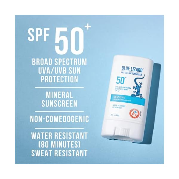BLUE-LIZARD-Sensitive-Mineral-Sunscreen-Stick-with-Zinc-Oxide-SPF-50-Water-Resistant-UVA-UVB-Protection-Easy-to-Apply-Fragrance-Free-05-Oz BLUE LIZARD Sensitive Mineral Sunscreen Stick with Zinc Oxide, SPF 50+, Water Resistant, UVA UVB Protection Easy to Apply, Fragrance Free, 0.5 Oz