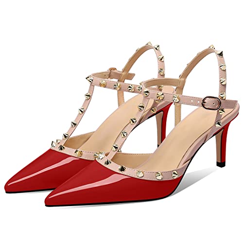 Image of XINIUNIU Studded Heels for Women Kitten Heels with Studs Stiletto Sandals with Rivet Ankle Strap Patent Leather Pointy Toe 2.5 Inch Party Daily Wear Evening Sandals