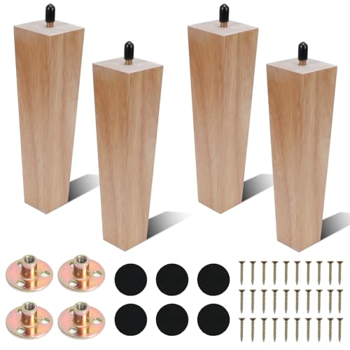 COEWUR 4 Pcs Patas para Muebles de Madera 20 cm Patas de Madera para Muebles Cuadradas Macizas Patás de sofá de Repuesto con placa de montaje,almohadilla antideslizante,tornillo,para mesa,cama,Armario