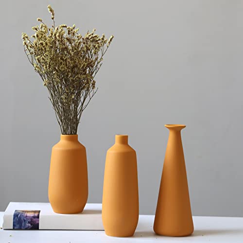 Abbittar Ceramic Vase Set Of 3, Minimalistic Style Flower Vase For Rustic Home Decor, Modern Farmhouse Decor, Living Room, Shelf Decor, Table Decor, Bookshelf, Mantel And Entryway Decor-Orange/Yellow #TOP3