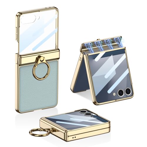Image of Midkart Magnetic Leather Cover Compatible with Samsung Galaxy Z Flip 7 Release 2025 Hinge Protection Case Ring Holder Kickstand Electroplated with Front Glass and Camera Protection, Mint