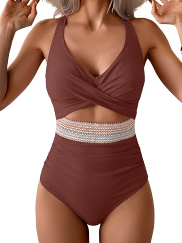 Image of B2prity Women's One Piece Swimsuit Tummy Control High Waisted Bathing Suit | Color Block,Removable Soft Cups,Cutout,V neck,Full Coverage,Adjustable Criss Cross Straps,Tie Back