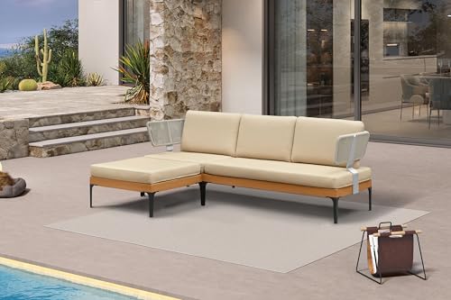 Image of PURPLE LEAF Patio Furniture Set Outdoor Sectional Sofa with Fade-Resistant Cushions Wicker L-Shaped 4 Pieces Aluminum Conversation Sets with Ottoman for Balcony Yard Garden Poolside, Khaki