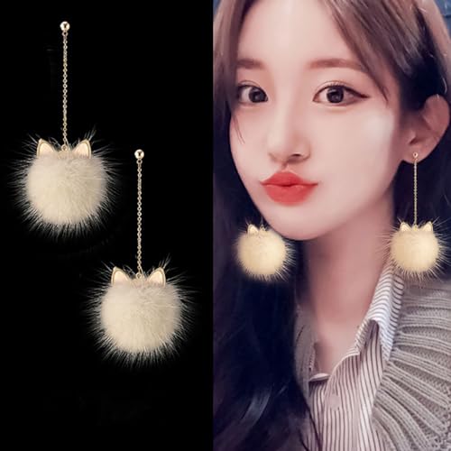 Cute Rabbit Fur Pom Pom Earrings - Faux Fur Ball Fluffy Cat's Ears Long Mink Dangle Drop Earrings - Red, Pink, White - Christmas & Birthday Jewelry Gift for Women & Teen Girls3