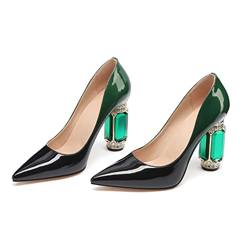 Image of JANSEVEN Women Chunky Heels Pumps Crystal Block Heels with Rhinestones Pointed Toe Sexy Gradient Patent Leather Slip on Bridal Party Wedding Dress Shoes 5-13 M US