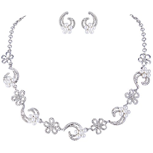 EVER FAITH Silver-Tone Austrian Crystal Simulated Pearl Elegant Hibiscus Flower Moon Jewelry Set Clear
