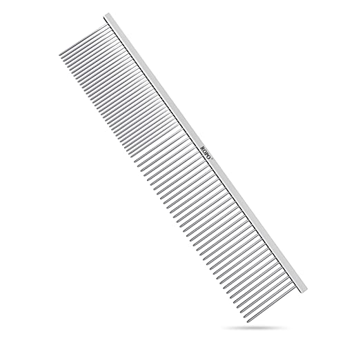 ROPO Dog Comb Tool for Removing Matted Fur - Pet Dematting Comb with Rounded Teeth and Non-Slip Grip Handle - Prevents Knots and Mats for Long and Short Haired Pets (Square handle, Silver)