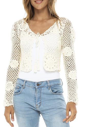 Back From Bali Womens 100% Cotton Crochet Tie-Front Artisan Shrug Sweater Cropped Lightweight Flower Knit Bolero