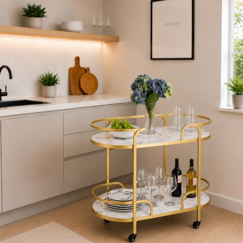 Image of Modern 2-Tier Bar Cart with Marble Tops & Metal Frame - Rolling Serving Coffee Table with Wheels, Storage Shelf for Living Room, Kitchen & Dining Room (Golden White)