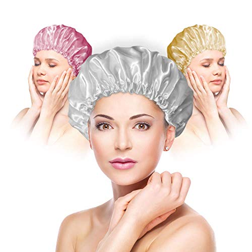 PUSSAER 3Pack Shower Cap for Women Long Hair, Reusable EVA Extra Large Shower Hair Hat, Double Waterproof Protection, Kids, Men(Grey,Pink,Gold 13 inches)