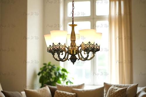 Image of Prop It Up Vintage 5-Light Chandelier with Frosted Glass Shades, Antique Brass Crown Design Chandelier for Hall, Chain Mount, Without Bulb