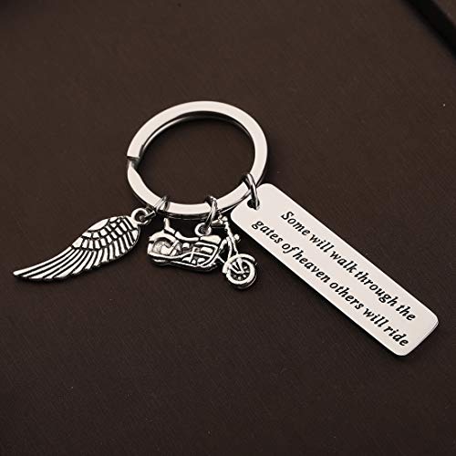 Image of CENWA Motorcycle Memorial Jewelry Memorial for Brother Dad Husband Sympathy Gift Some Will Walk Through The Gate Keychain