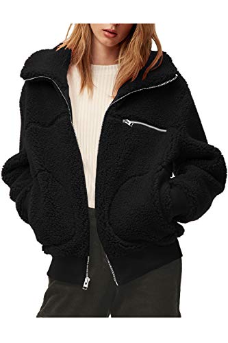 COCOLEGGINGS Women's Long Sleeve Lamb Wool Lapel Zipped Chunky Coat Black S