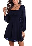 LYANER Women's Polka Dots Square Neck A line Long Sleeve Swiss Dots Mini Dress Navy Blue X-Small