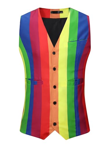 Lars Amadeus Rainbow Suit Vest for Men's Single Breasted V Neck Colorful Stripes Waistcoat