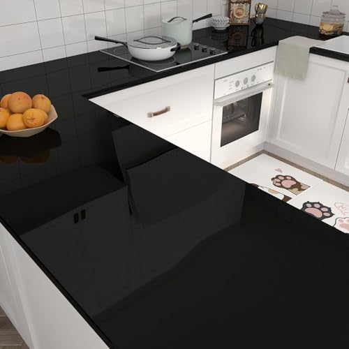 Image of CREON Glossy Black Peel and Stick Wallpaper Waterproof Easy to Clean Roll Decorative Kitchen Cabinet Table Closet (in 12X60, Black Glossy WP)