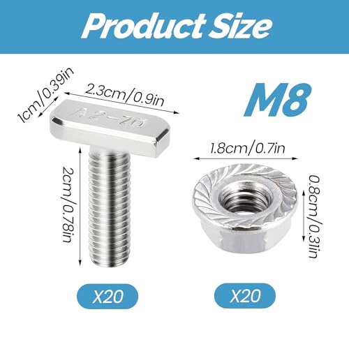 20 Stück Hammerkopfschrauben Set, T Schrauben mit Sperrzahnmuttern M8 x 20 mm Edelstahl A2-70 Flanschmuttern M8 Schrauben für PV Solar Montageschienen Photovoltaik Gewächshaus