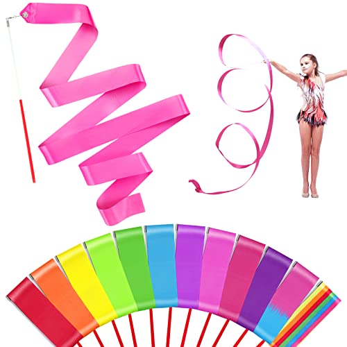 HiUnicorn 12PCS Rainbow Dance Wands Ribbon Streamers for Kids Gymnastics Rhythmic Dancing Twirling Sticks Silks Wands for Girls Circus Carnival Birthday Party Favors Rewards Gift