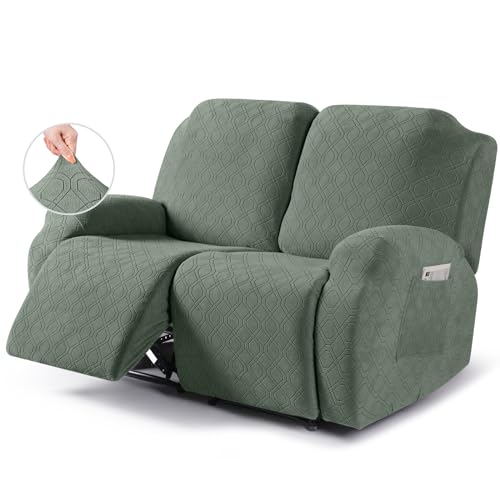 Image of VANSOFY Recliner Cover, 2-Pieces Stretch Reclining Couch Cover with Pockets Loveseat Sofa Slipcovers Soft Washable Furniture Protector for Dogs Cats(Bean Green)