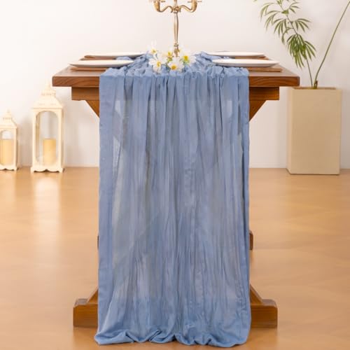 Image of Socomi Dusty Blue Summer Cheesecloth Table Runner Boho Rustic Gauze 120 inch 10FT Cheese Cloth Sheer Runner for Wedding Party Baby Shower Birthday Home Decor Holiday Decorations