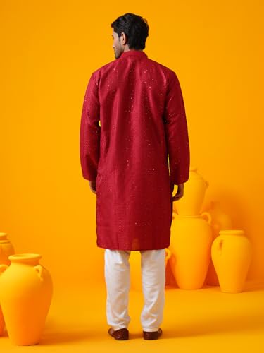 Image of SOJANYA (Since 1958 Men's Silk Bend Krochet Thread Embroidered Kurta with White Pyjama