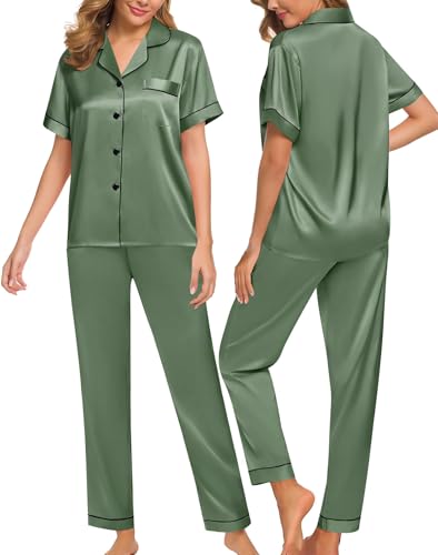 Image of SWOMOG Women Satin Pajamas Set Short Sleeve Top & Pants Sleepwear Silky Button Down Nightwear 2pcs Loungewear Pjs Set