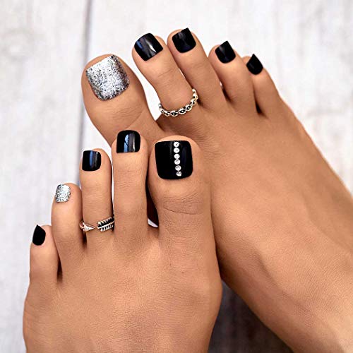 Woeoe Bling Rhinestones Fake Toenails Black Acrylic Press on Toenails Set Short Full Cover Artificial False Toe Nails Tips for Women and Girls (Pack of 24)