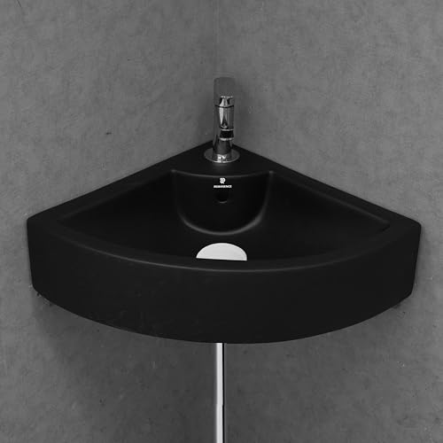 Image of REMANENCE Ceramic Wall Hung Corner Wash Basin for Bathroom | Wall Mounted Corner Sink (20.4 x 15 x 6 Inch) (Black)