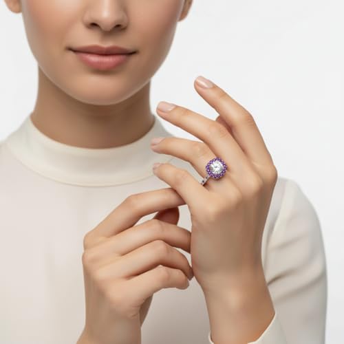 Image of Choose Your Gemstone Round Diamond CZ Square Halo Ring Rose Gold Plated Round Shape Petite Engagement Rings Matching Jewelry Wedding Jewelry Easy to Wear Gifts US Size 4 to 12