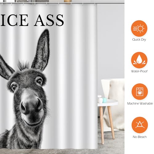 Image of Funny Donkey Nice Ass Shower Curtain Gag Gift Farmhouse Decor Animal Black and White Novelty Sarcastic Rustic Bathroom Bath Decor Bathtub Curtain Fabric Shower Curtain Set with 12 Hooks, 72 inchx72 inch